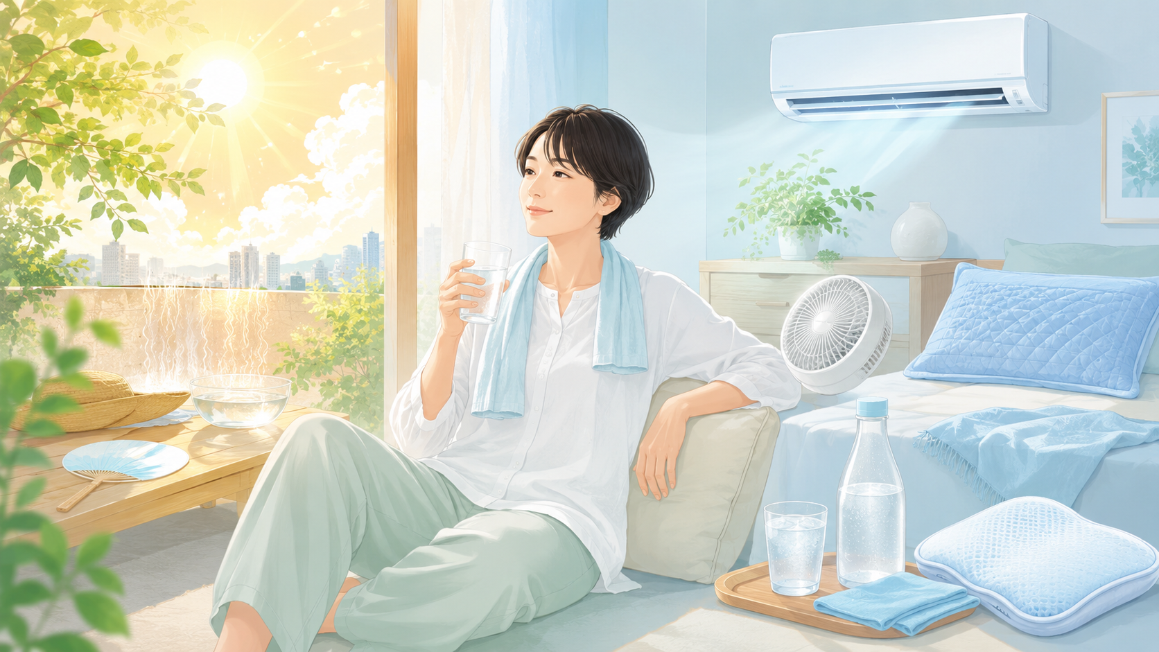 夏の暑さと冷房差、睡眠環境、水分補給を整えるイメージイラスト